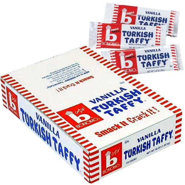 Bonomo Turkish Taffy vanilla 1.5oz - 24CT Bulk Pack Imported, Shipped, & Delivered: International, World Wide Shipping, delivery Canada, GTA, Mississauga, Brampton, etc. Novelty confectionery wholesale online candy store: Buy exclusive, popular, top-rated, special edition, limited edition, premium snacks, treats, goods, gifts, gift sets, gift ideas, and more. | turkey European Europe sweets candies