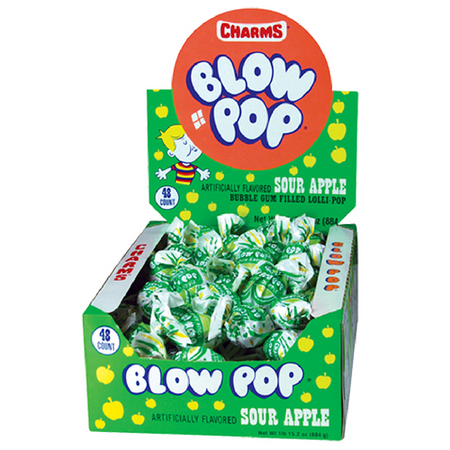 Charms Blow Pop Sour Apple Lollipops filled with Bubblegum 48ct