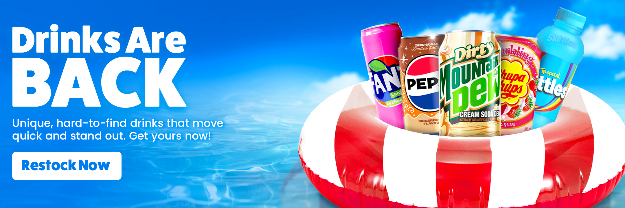 Promotional banner with various drinks on a life buoy against a blue sky.