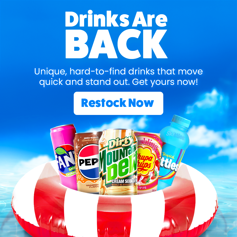 Promotional graphic for drinks with a blue sky and clouds background, featuring popular soda brands.