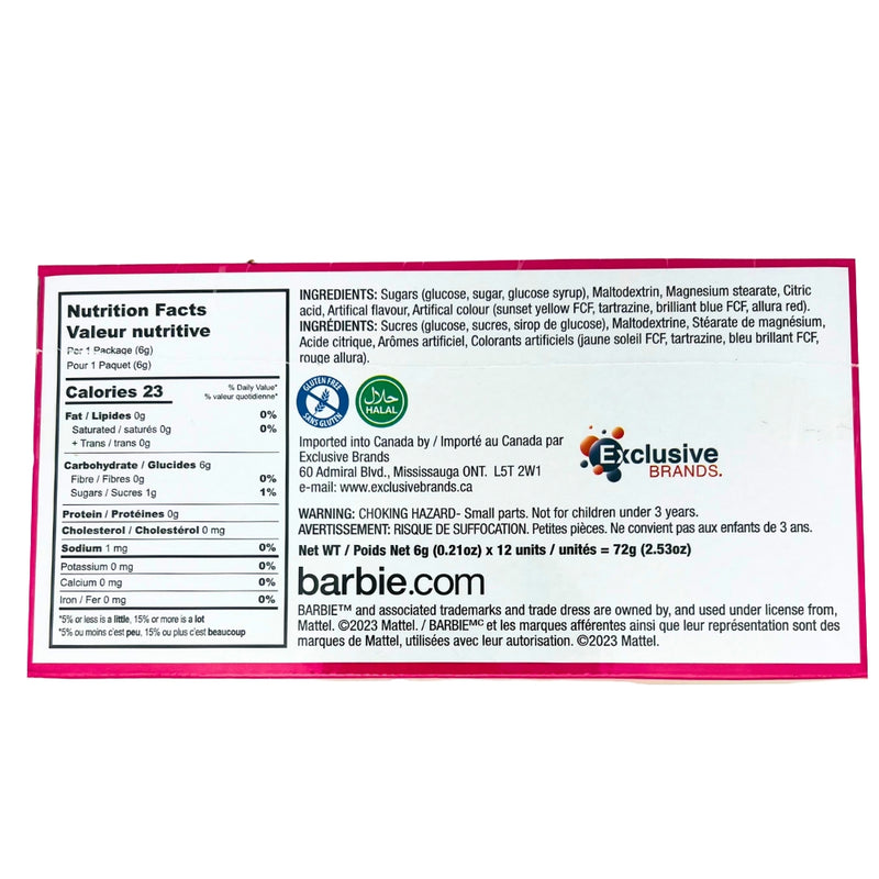 Barbie Candy Case Nutrition Facts Ingredients - iWholesaleCandy