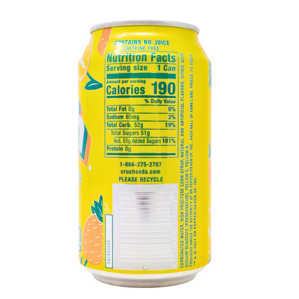 Crush Pineapple Soda 355mL - 12 Pack -Nutrition Facts - Ingredients - Soda Pop