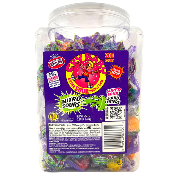 Cry Baby Nitro Sours Extra Sour Bubble Gum 200 Pieces - 1 Tub