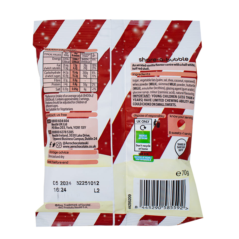 Nestle Aero Candy Cane Bubbles - 70g - 12 Pack Nutrition Facts Ingredients