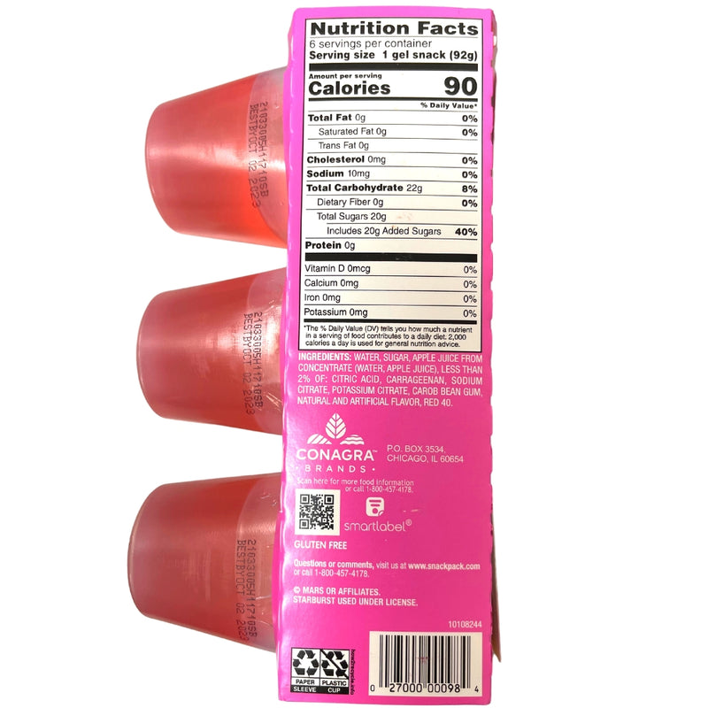 Snack Pack Pink Starburst 552g (6 Cups) - 8 Pack Nutrient facts Ingredients 