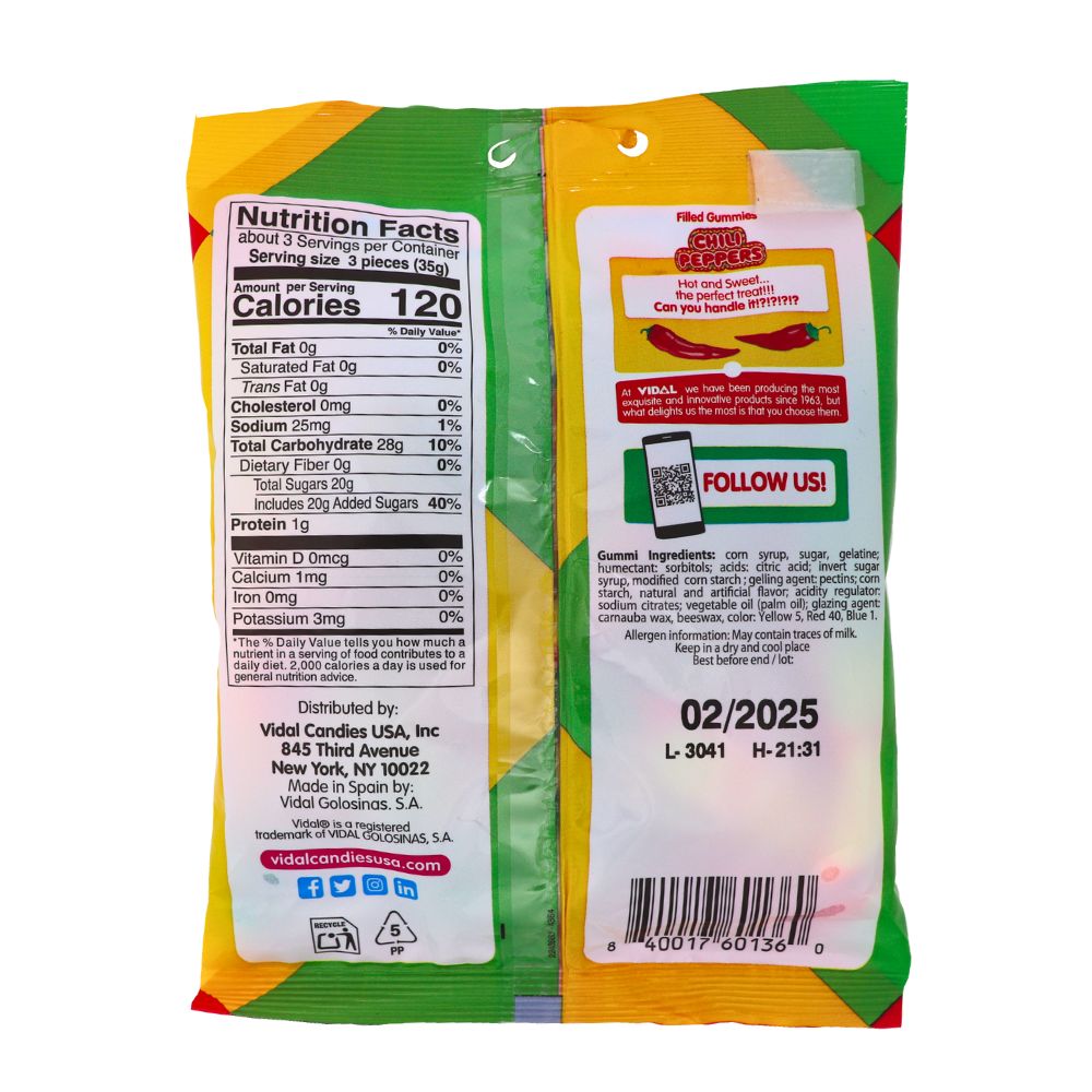 Vidal Spicy Chili Peppers Gummies 3.5oz - 14 Pack - Nutrition Facts - Ingredients