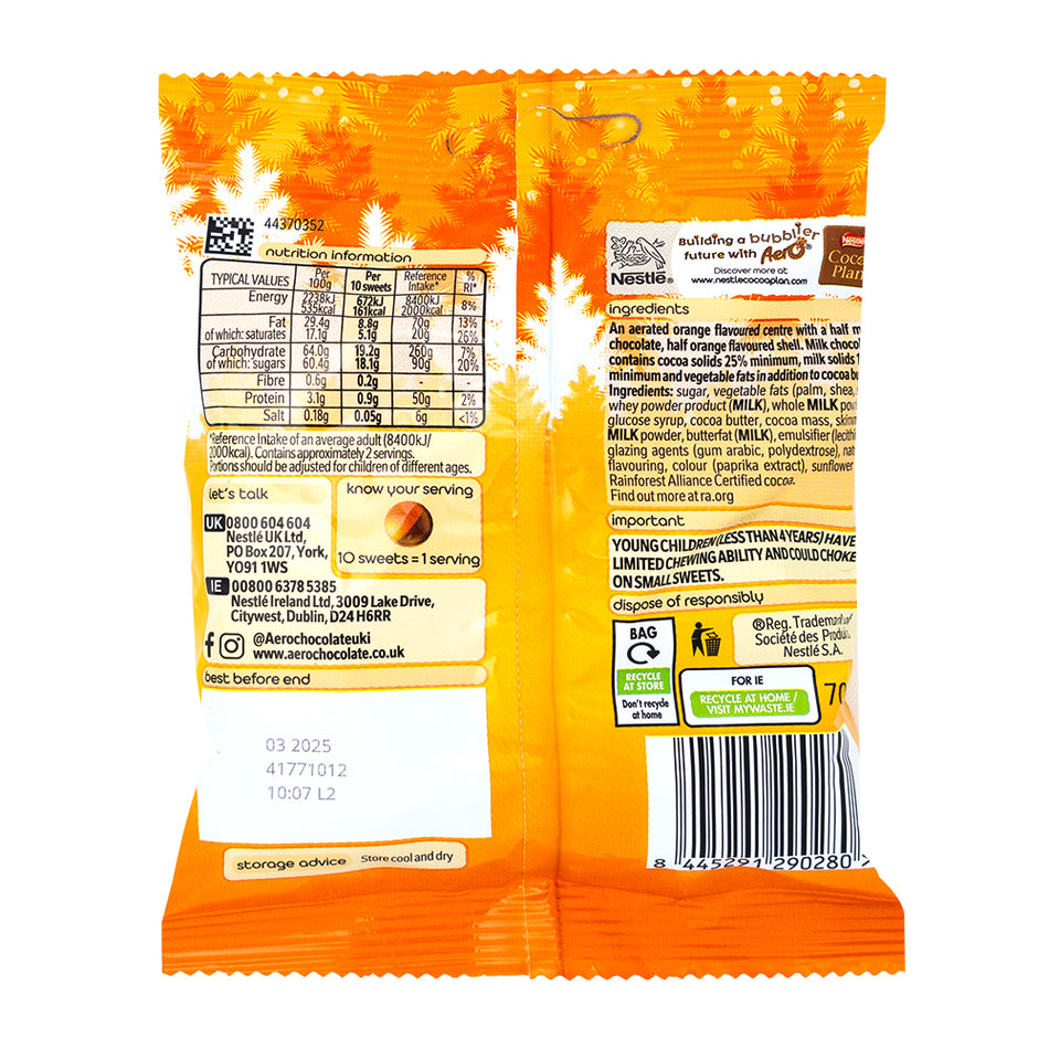 Aero Bubbles Orange Pouch (UK) 70g - 12 Pack  Nutrition Facts Ingredients
