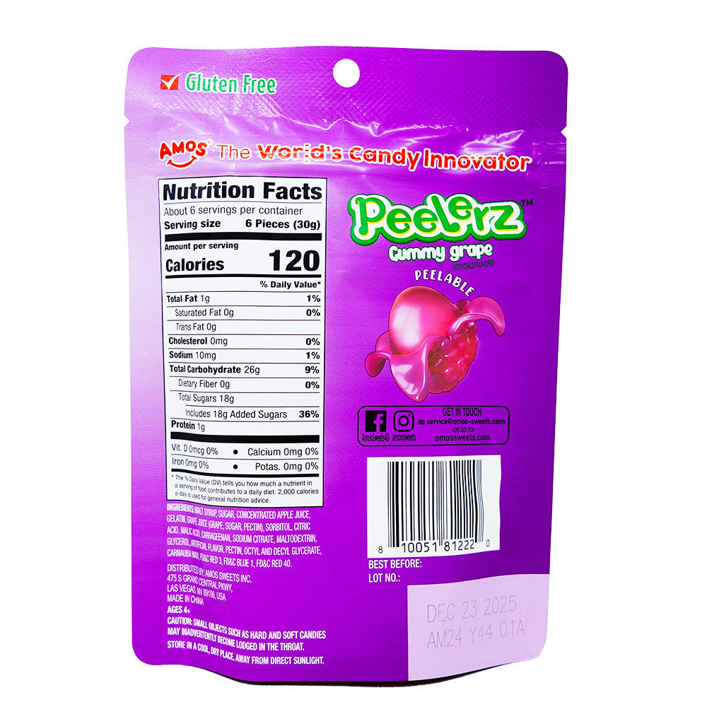 Amos Peelerz Gummy Grape 6oz - 12 Pack  Nutrition Facts Ingredients
