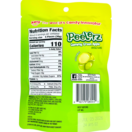 Amos Peelerz Gummy Green Apple 6oz  - 12 Pack