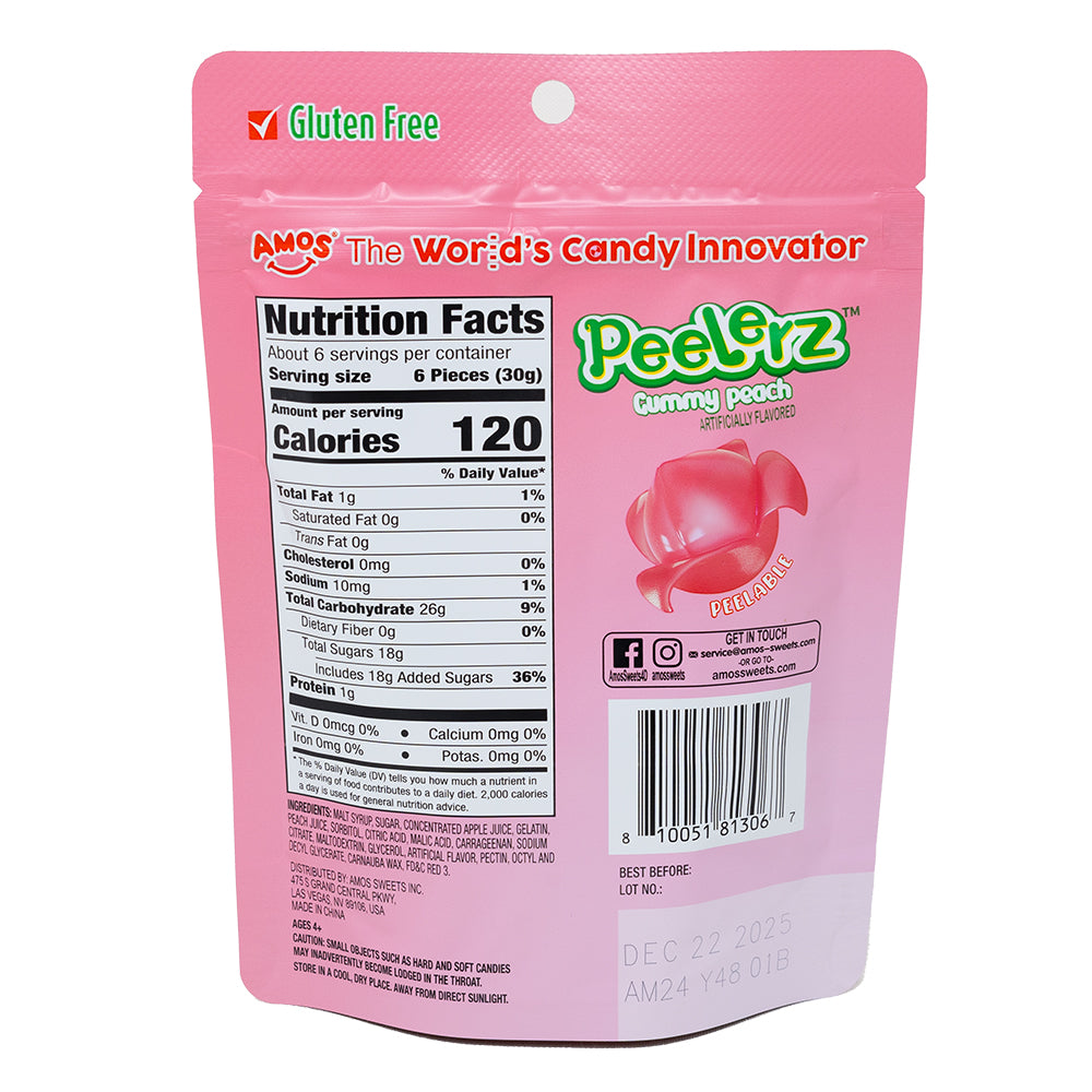 Amos Peelerz Gummy Peach  6oz - 12 Pack - TikTok Candy - Nutrition Facts - Ingredients 

