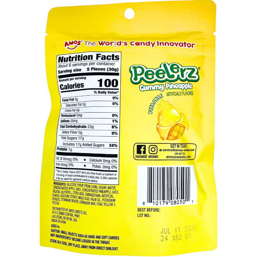 Amos Peelerz Gummy Pineapple 6oz - 12 Pack