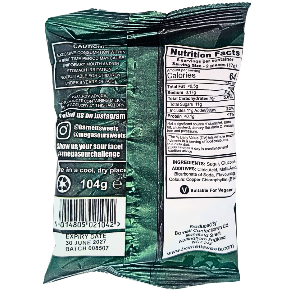 Barnetts Mega Sour Apple 104g (UK) - 12 Pack