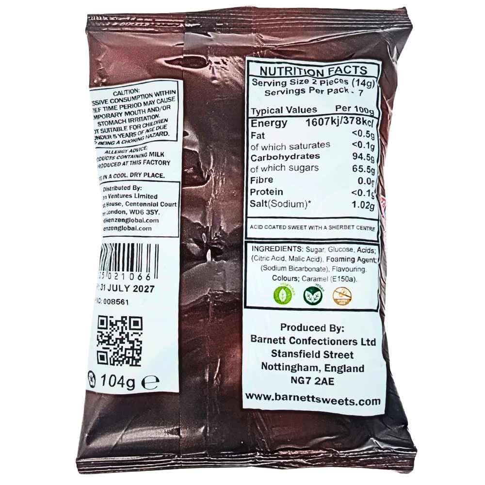 Barnetts Mega Sour Cola 104g (UK) - 12 Pack