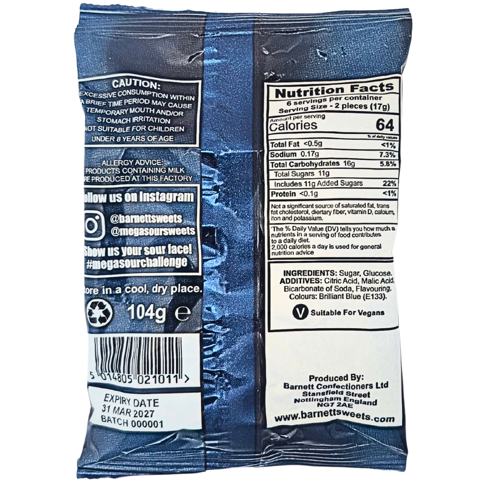 Barnetts Mega Sour Raspberry 104g (UK) - 12 Pack