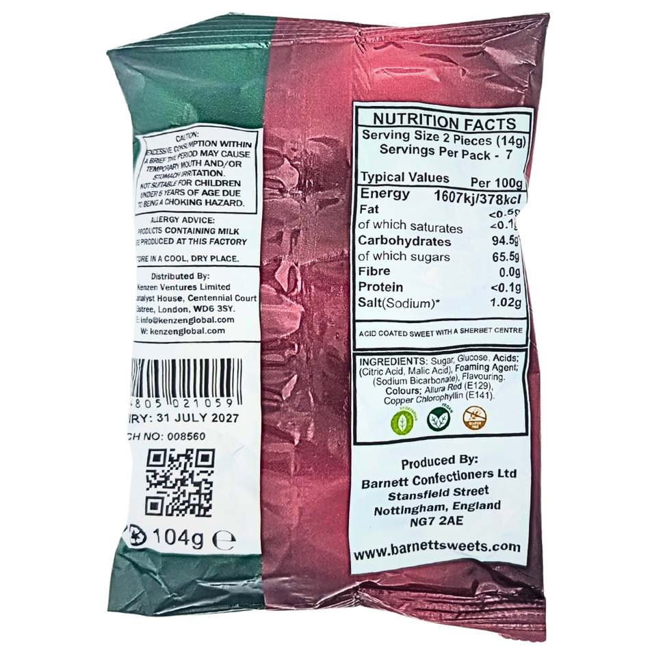 Barnetts Mega Sour Watermelon 104g (UK) - 12 Pack