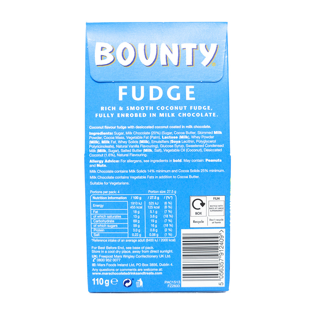 Bounty Fudge Carton (UK) 100g - 12 Pack  Nutrition Facts Ingredients
