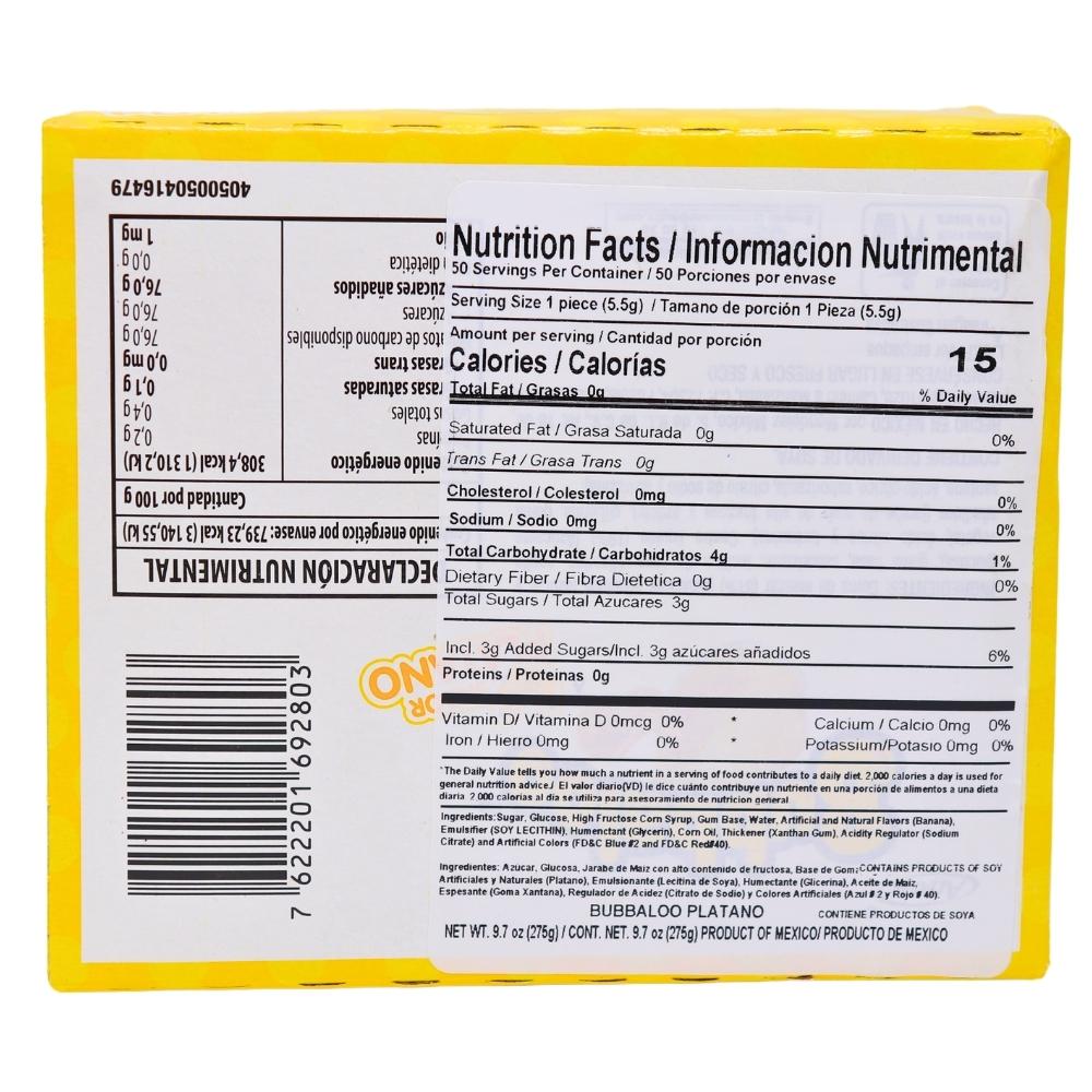 Bubbaloo Banana Liquid Filled Bubblegum 47ct (Mexico) - 1 Box Nutrition Facts Ingredients