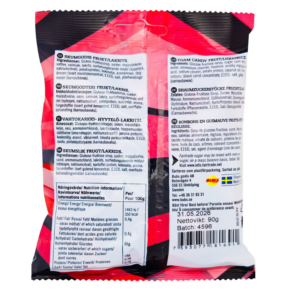 Bubs Raspberry Licorice Foam Skulls (Sweden) - 90g - 12 Pack   Nutrition Facts Ingredients