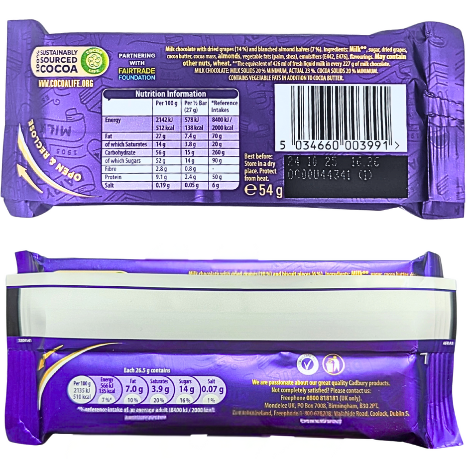 Cadbury Dairy Milk Fruit & Nut 54g (Ireland) - 48 pack