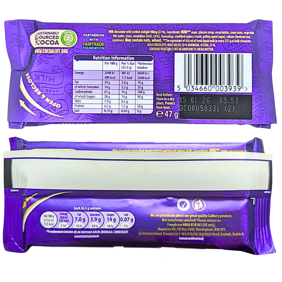 Cadbury Dairy Milk Turkish 47g (Ireland) - 48 Pack