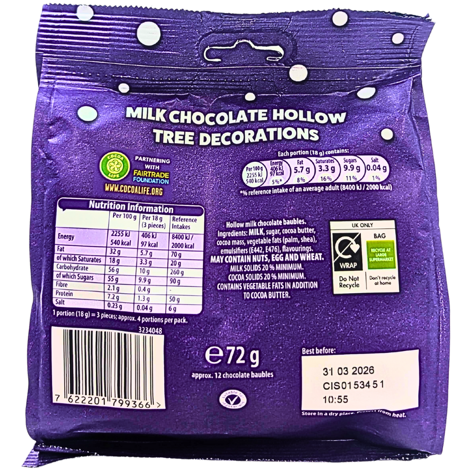 Cadbury Mini Baubles Tree Decorations 72g (UK) - 6 Pack