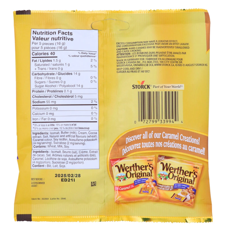 Werther's Original Caramel Chocolate Sugar Free Hard Candies 60g - 12 Pack Nutrition Facts Ingredients