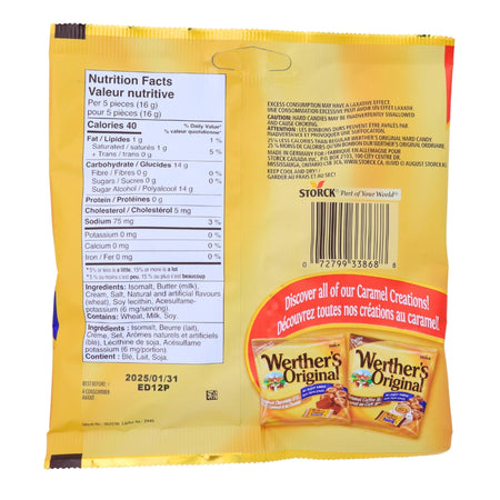Werther's Original Caramel Hard Candies No Sugar Added 70g - 12 Pack Nutrition Facts Ingredients