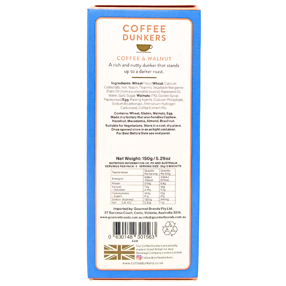 Coffee Dunkers Coffee & Walnut Biscuits 150g (UK) - 12 Pack