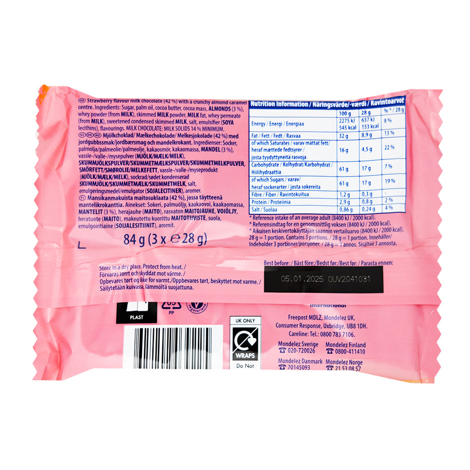 Cadbury Limited Edition Daim Strawberry 3pk (UK) - 84g - 24 Pack   Nutrition Facts Ingredients