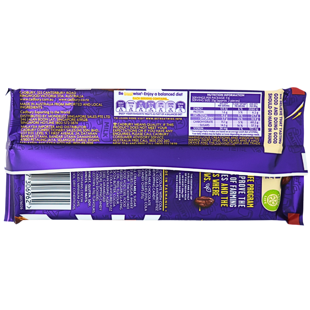 Dairy Milk Marvelous Creations Cola Fizz 190g (Aus) - 15 Bars