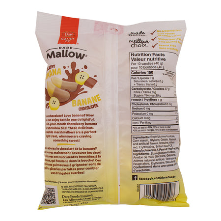 Dare Mallow Chocolatey Banana Flavoured Marshmallow Candy 150g - 7 Pack Nutrition Facts Ingredients- Wholesale Candy - Canadian Candy - Marshmallow Candy - Dare - Dare Mallow