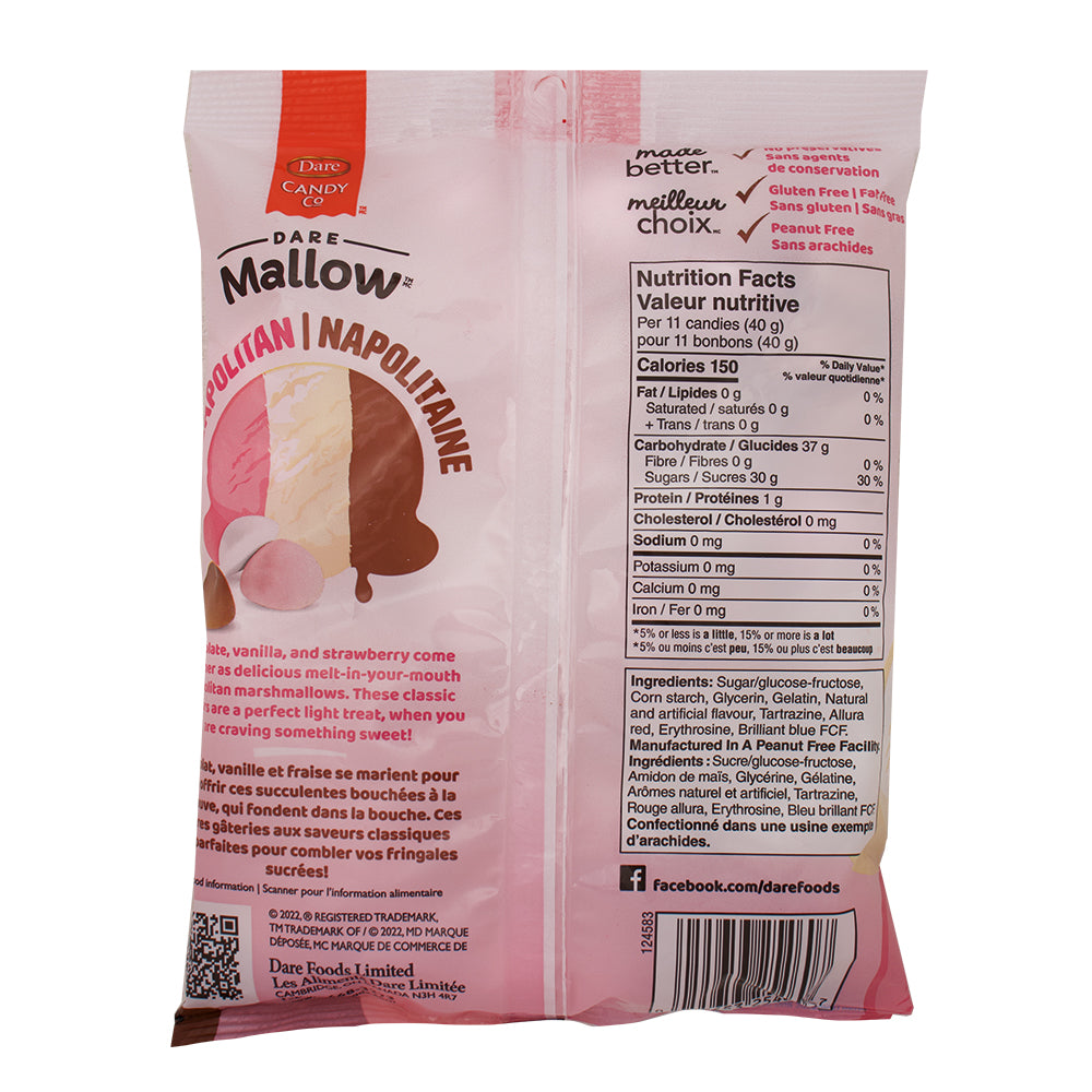 Dare Mallow Neapolitan Flavoured Marshmallow Candy 150g - 7 Pack  Nutrition Facts Ingredients - Canadian Candy - Candy Store - Dare Candy - Marshmallow Candy - Neapolitan Candy