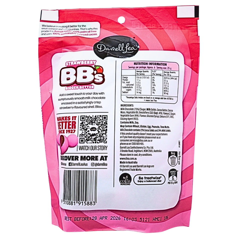 Darrell Lea Strawberry BB's Milk Chocolate (Australia) 152g - 12 Pack