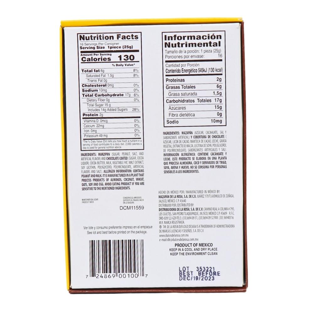 De La Rosa Marzipan Chocolate Covered Peanut Candy 25g (Mexico) - 16 Pack Nutrition Facts Ingredients