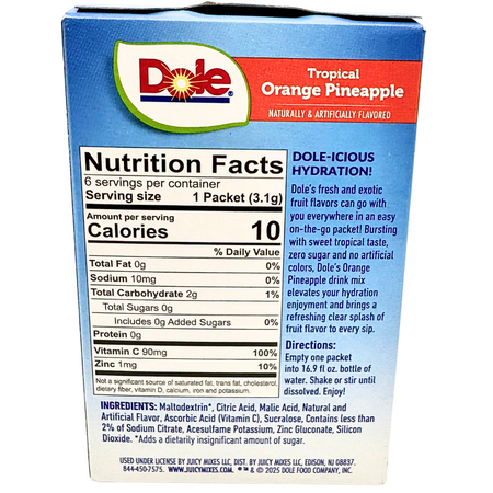 Dole Singles To Go Zero Sugar - Tropical Orange Pineapple 18.6g - 12 Pack