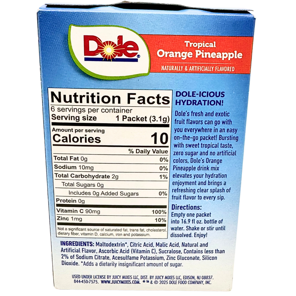 Dole Singles To Go Zero Sugar - Tropical Orange Pineapple 18.6g - 12 Pack