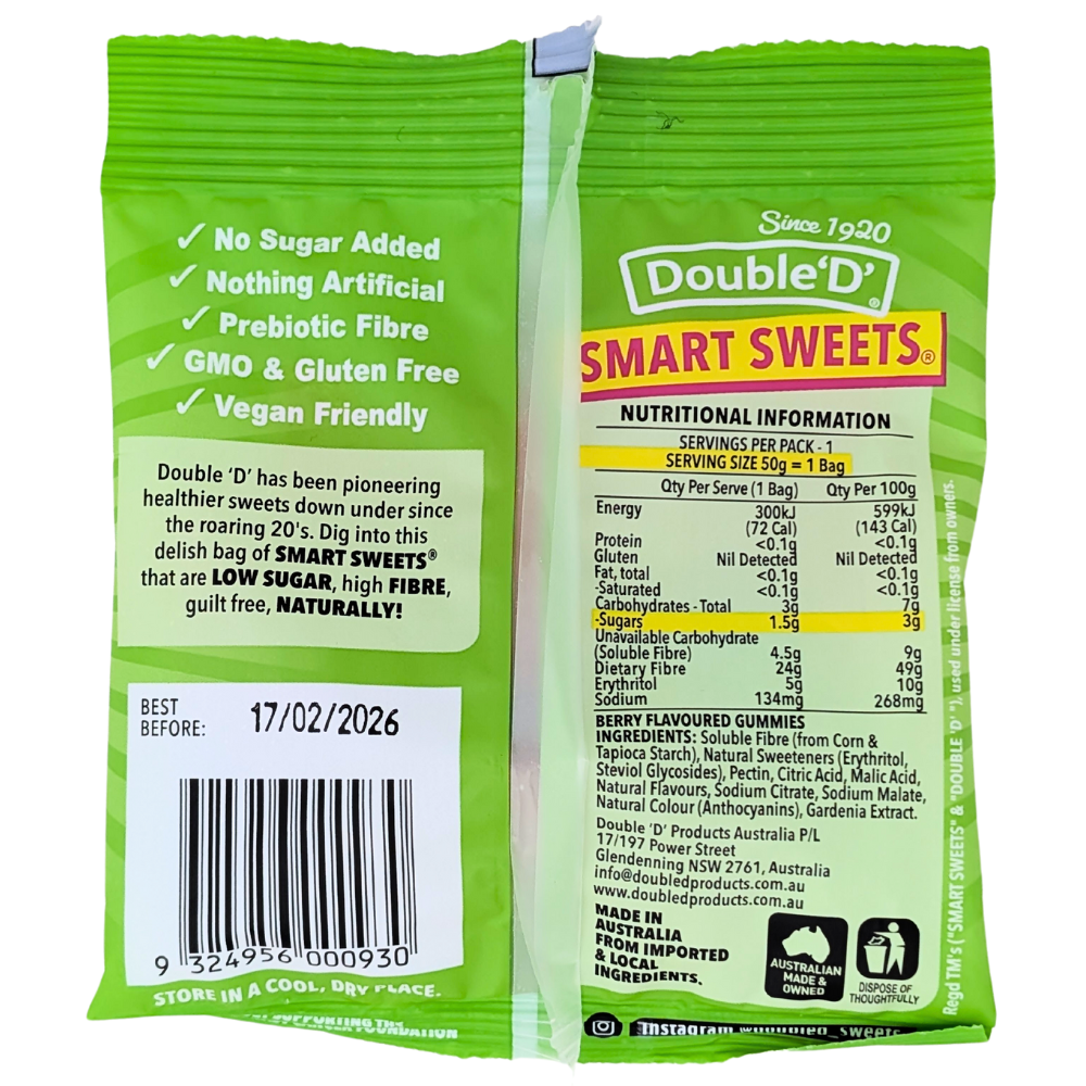 Double ‘D’ Smart Sweets Sour Gummies 50g (Australia) - 12 Pack