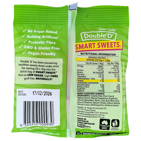 Double ‘D’ Smart Sweets Sour Gummies 50g (Australia) - 12 Pack