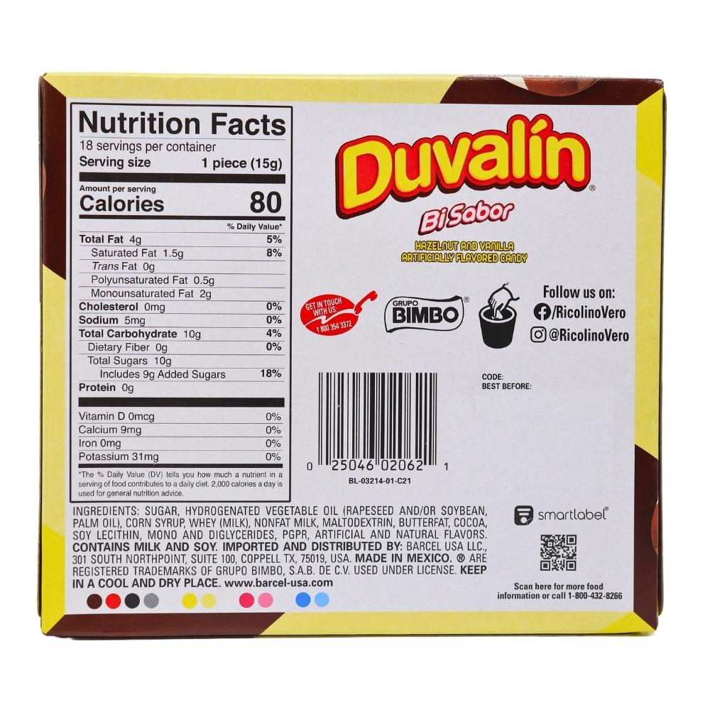 Duvalin Hazelnut Vanilla 18ct (Mexico) - 1 Box Nutrition Facts Ingredients