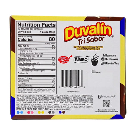 Duvalin Tri-Sabor Hazelnut Strawberry and Vanilla 18ct (Mexico) - 1 Box Nutrition Facts Ingredients