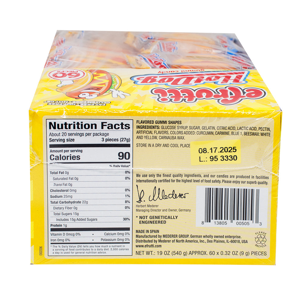 efrutti Gummi Hot Dog - 60 Pack  Nutrition Facts Ingredients