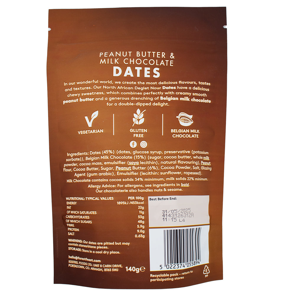 Forest Feast Peanut Butter & Milk Chocolate Dates (UK) - 140g - 6 Pack  Nutrition Facts Ingredients