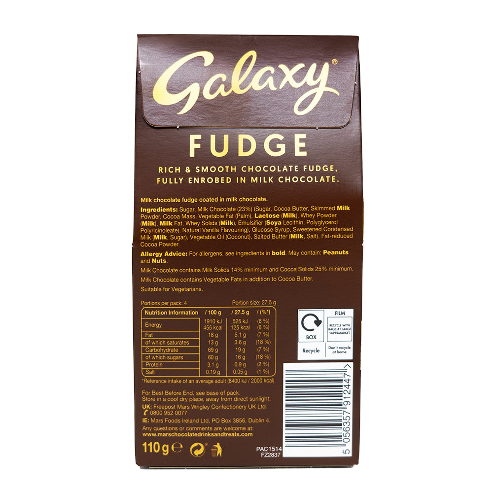 Galaxy Fudge Carton (UK) 100g - 12 Pack  Nutrition Facts Ingredients
