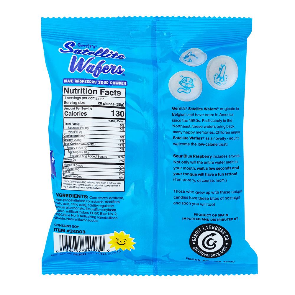 Gerrit's Blue Raspberry Satellite Wafers With Tongue Tattoo 36g - 12 Pack  Nutrition Facts Ingredients
