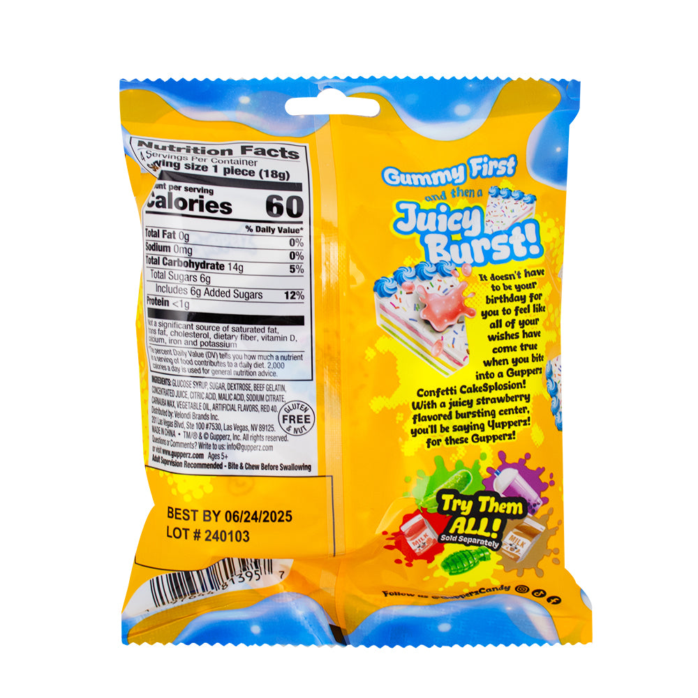 Gupperz Confetti CakeSplosion Gummies 2.54oz  - 12 Pack  Nutrition Facts Ingredients