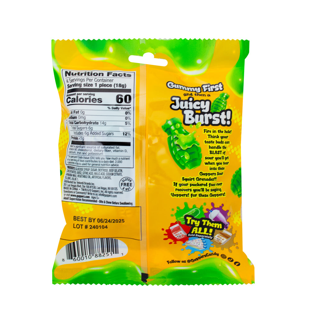 Gupperz Sour Squirt Grenades Gummies  2.54oz - 12 Pack  Nutrition Facts Ingredients