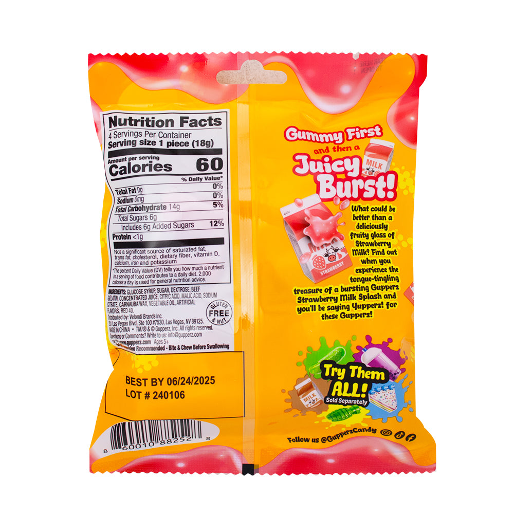 Gupperz Strawberry Milk Splash Gummies 2.54oz - 12 Pack  Nutrition Facts Ingredients