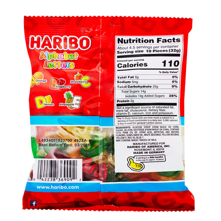 Haribo Alphabet Letters Gummi Candy - 12 Pack  Nutrition Facts Ingredients