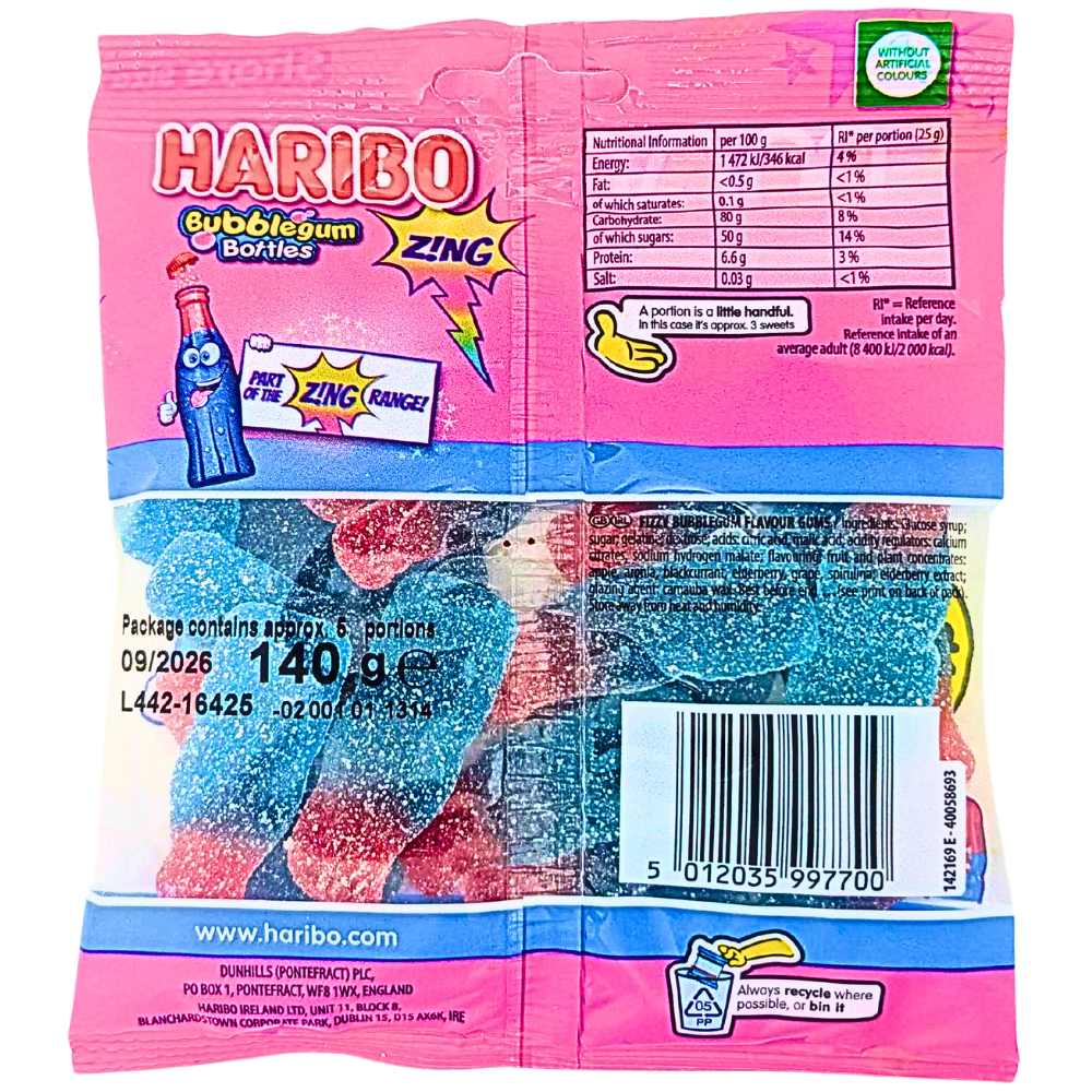 Haribo Fizzy Bubblegum Bottles UK 140g - 12 Pack