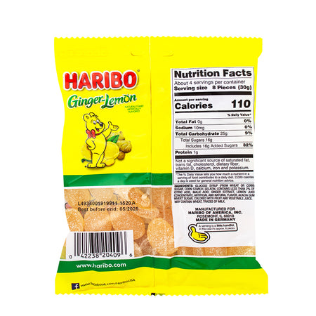 Haribo Ginger Lemon Gummi Candy - 12 Pack  Nutrition Facts Ingredients